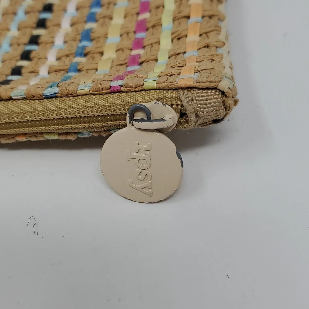 Ipsy Makeup Bag Tan Woven Rattan Like Bright Ribbons Throughout